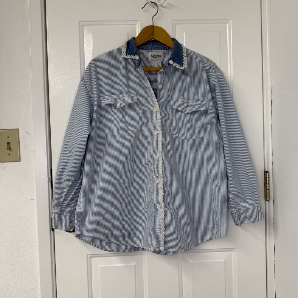 VTG Solutions Women's Stripe Denim Collar Lace Trim Shirt Cottage Core Sz Large